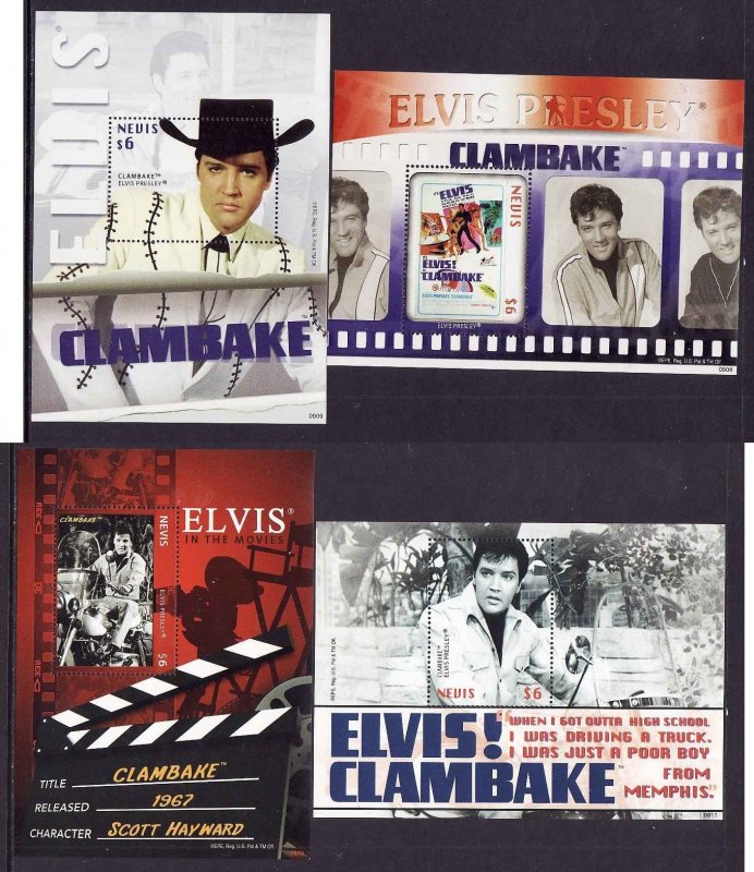 Nevis-Sc#1565-68-four unused NH sheets-Elvis Presley-2009-