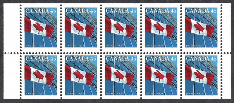 Canada #1361d 45¢ Flag over Building (1995). Pane of 10 stamps. MNH