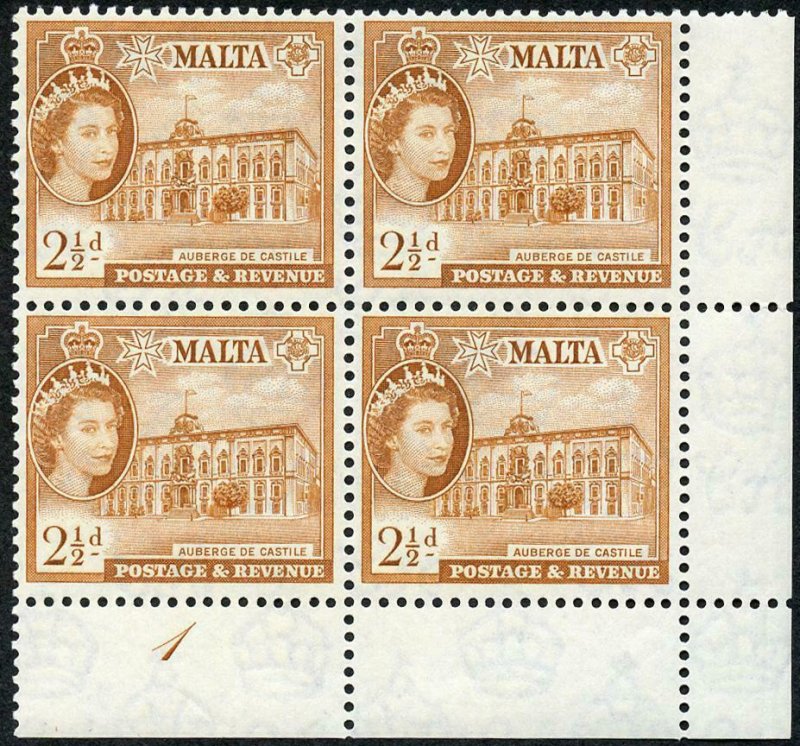 Malta SG271 2 1/2d Orange Brown Plate 1 U/M Block (crease in Selvage) 