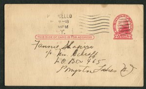 1918 WWI Era Postal Card Monticello NY to Pompton Lakes NJ Family Money Request