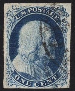 CERTIFIED US Stamp #8a 1c Blue Franklin Type IIIa  USED SCV $800. PSAG Cert