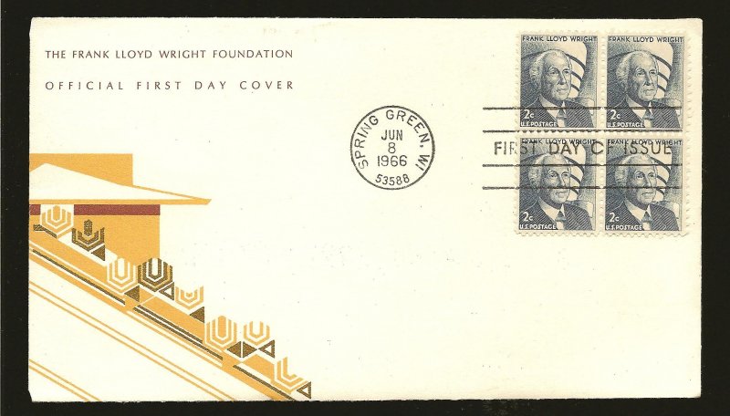 USA SC#1280 Frank Lloyd Wright 1966 Block of 4 Cachet First Day Cover