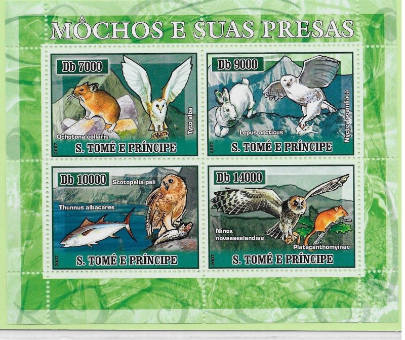 St. THOMAS & PRINCE ISL. Sc 1683 NH MINISHEET of 2007 - BIRDS - OWLS 