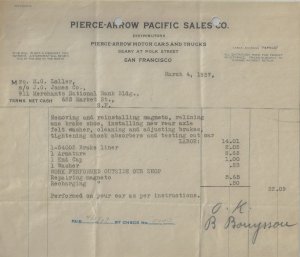 1926 -Pierce-Arrow Car Repair Receipt - Ephemera 1183