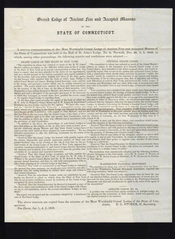 CONNECTICUT: New Haven, CT 1850 FREE MASONS State of CT GRAND LODGE CIRC