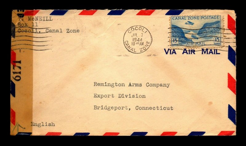 Canal Zone 1944 Censor Airmail Cover to Connecticut - L32925