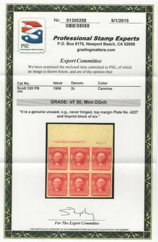 #320 Plate Block Top Very Fine OG NH SCV $325 w/PSE Cert  (GP2 7/26/19)