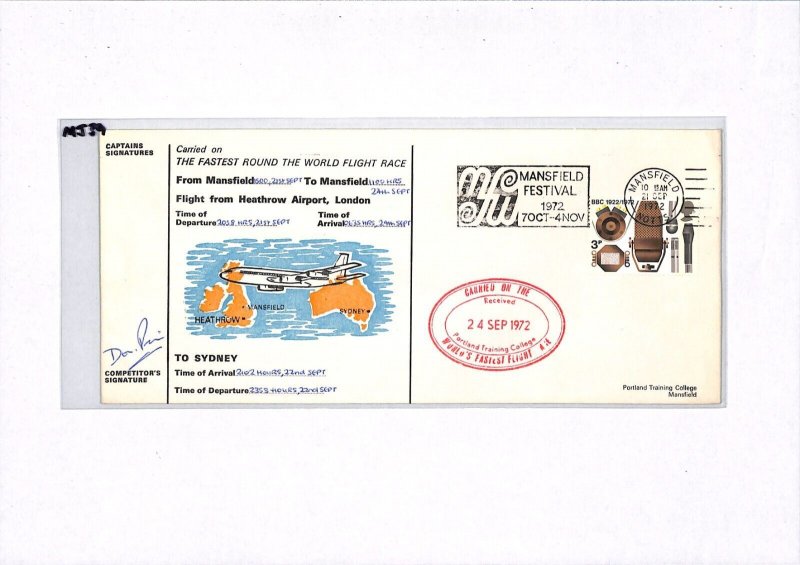 GB Notts Air Mail Cover FASTEST ROUND WORLD FLIGHT RACE *Signed* 1972 Pilot MJ39