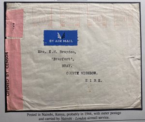 1944 Nairobi Kenya British KUT Censored Wartime Airmail Cover to Bray Ireland
