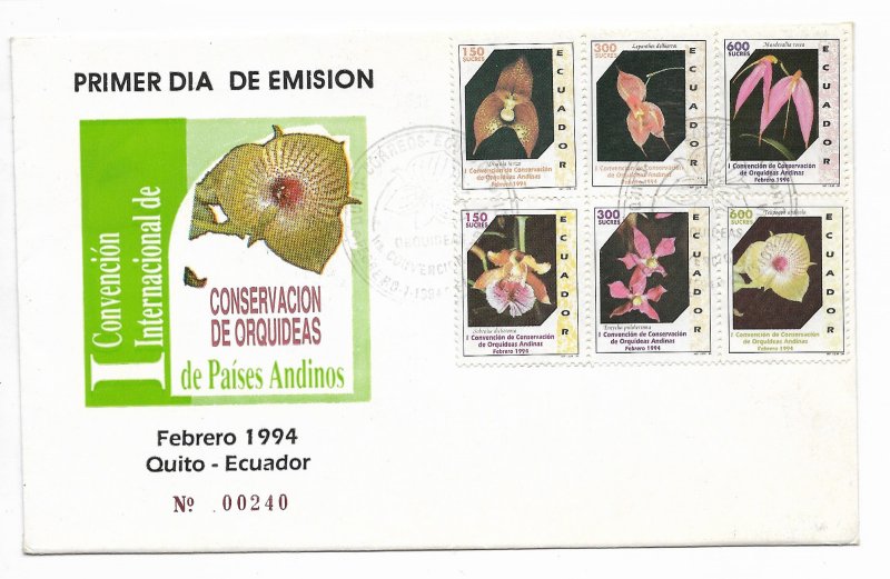 ECUADOR 1994 ORCHIDS FIRST INTERNATIONAL CONVENTION 6 VALUES FIRST DAY COVER FDC