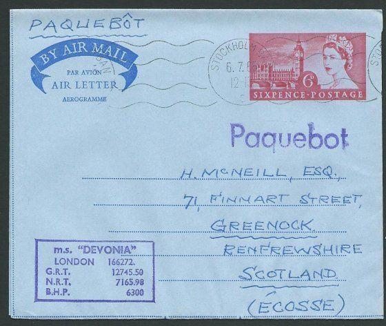 GB SWEDEN 1965 6d air letter Stockholm Paquebot MS Devonia ship cachet.....39933