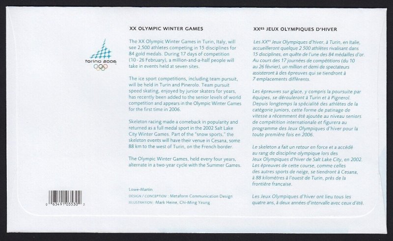 XX OLYMPIC WINTER GAMES = Official FDC = Canada 2006 #2144a