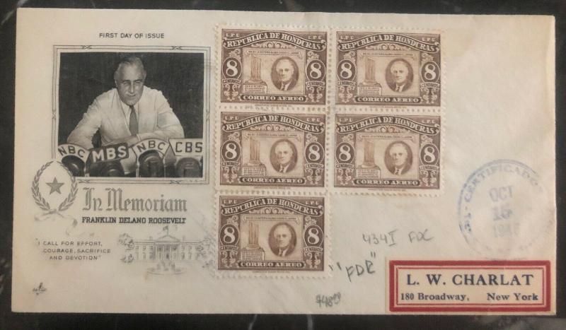 1946 Tegucigalpa Honduras First Day Cover FDC To New York USA Roosevelt Memoriam