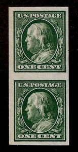 US Scott 383 1c FRANKLIN Imperf VF/XF M NH OG Vertical Pair Wmk 190 1911 SCV $45