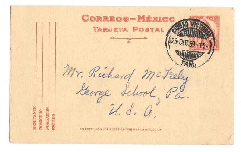 Mexico 1939 Ciudad Victoria Cancel 4c Postal Stationery Card to US Hiking Trip