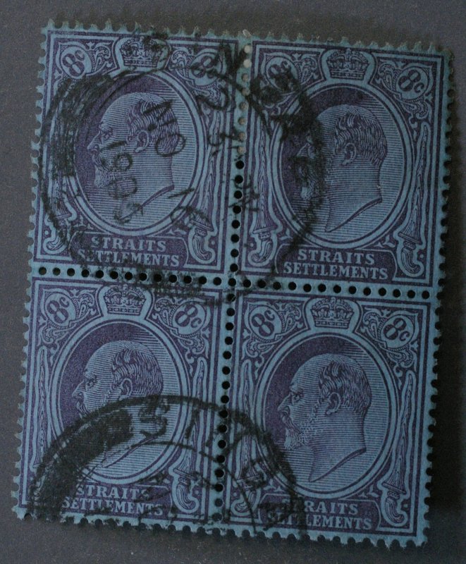 Straits Settlements #114 Used VF Block of 4 w/ Dated Cancel