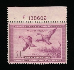 EXCEPTIONAL GENUINE SCOTT #RW5 MINT OG NH 1938 FEDERAL DUCK STAMP PLATE F 138602