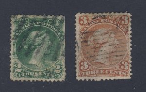 2x Canada Large Queen Used Stamps; #24-2c S.E. F #25-3c PP Guide Value = $55.00
