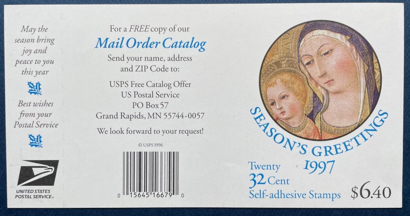 3176a MADONNA & CHILD - di Pietro Booklet Pane of 20 US 32¢ Stamps ￼MNH 1997