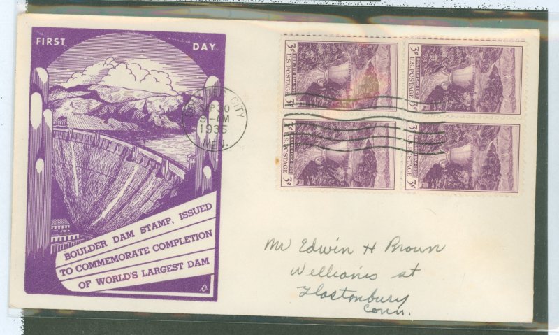 US 774 1935 3c boulder dam completion bl of 4 on an addressed FDC with a Dyer cachet