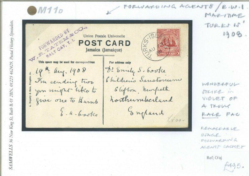 TURKS & CAICOS Card FORWARDING AGENT VIOLET CACHET Maritime GB Northum 1908 M11d