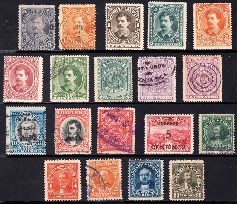 COSTA RICA CLASSICS ASSORTMENT OF 19 USED STAMPS IN MIXED CONDIITON