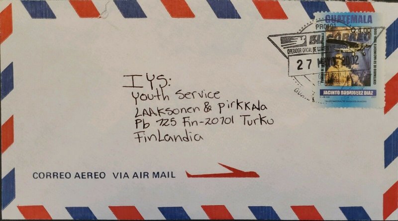 A) 2002, GUATEMALA, COVER SHIPPED TO FINLAND, AIRMAIL, JACINTO RODRIGUEZ AVIATIO