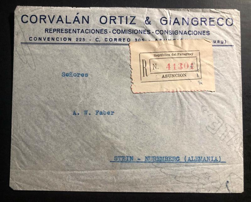 1938 Asuncion Paraguay commercial Registered Cover to Nurembeg Germany