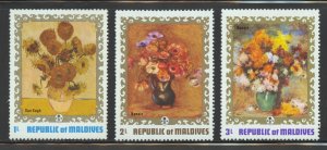 Maldive Islands Scott 420-422 MNHOG - 1973 Flower Paintings - SCV $0.80