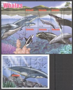 Ft225 2005 Grenada Whales Marine Life Fauna #5085-90+Bl687 Mnh