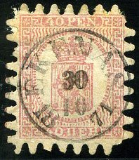 Finland #10 Cat$62.50, 1866-74 40p rose, used, usual perf. flaws