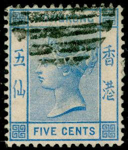 HONG KONG SG35, 5c pale blue, FINE used. WMK CA.