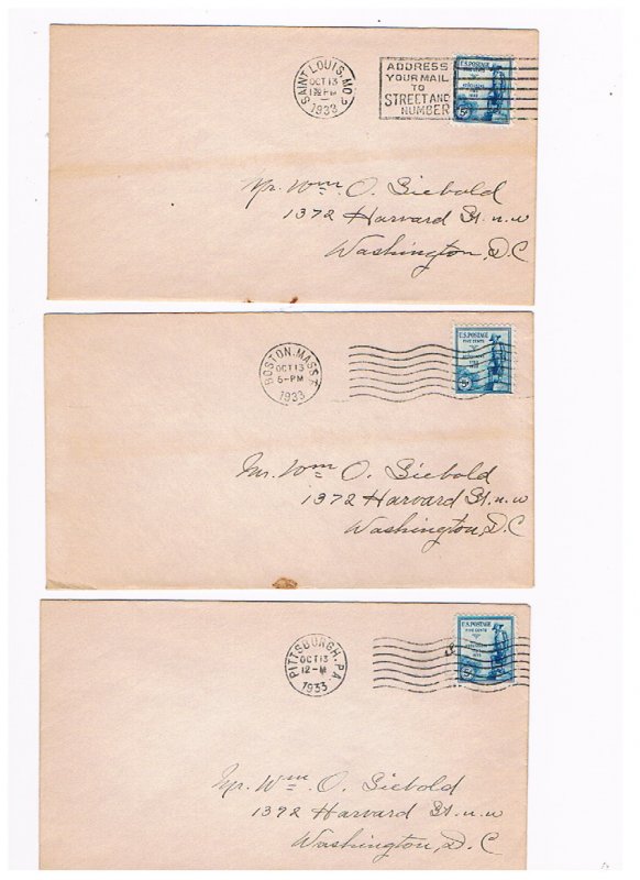 3  covers for Scott #734 Kosciuszko -St Louis, Pittsburg and Boston