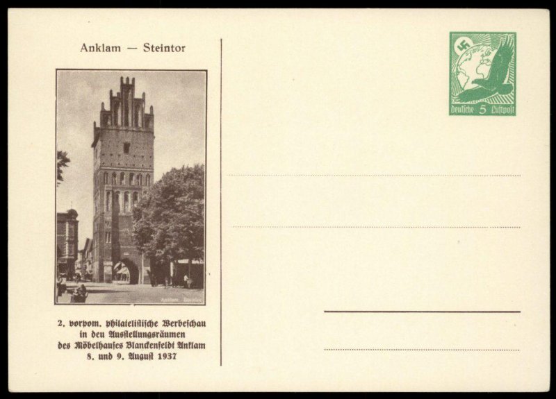 Germany 1937 ANKLAM Stamp Show Private Card Cover Advertising UNUSED G99331