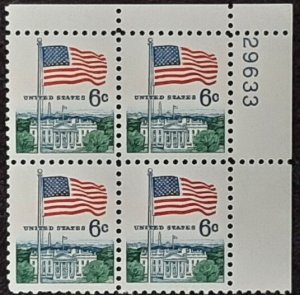 US Scott # 1338; 6c Flag/White House from 1968;  plate block of 4; MNH. og