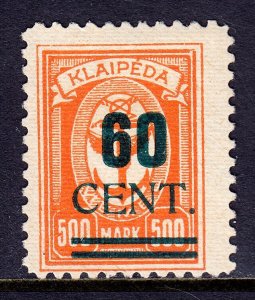 MEMEL — SCOTT N86 — 1923 60c ON 500m ORANGE, GREEN OVERPRINT — MNG — SCV $80