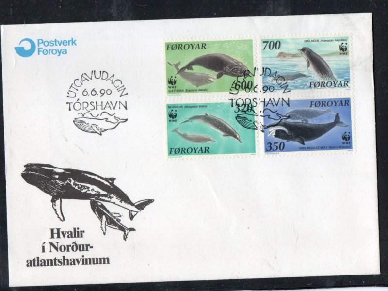 Faroe Islands Sc 208-11 1990 Whales WWF stamp set on FDC