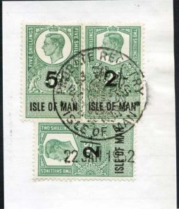 Isle of Man KGVI 5/- + 2 x 2/- Key Plate Type Revenues CDS on Piece