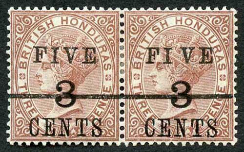 British Honduras SG49a 3c on 3c on 3d Brown Wide Space between I and V M/M