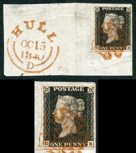 Penny Black (DB) Plate 4 Fine Four Margins on HULL Dated Piece