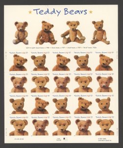 2002 US Scott #3653-3656, 37c Teddy Bears, Sheet of 20 MNH