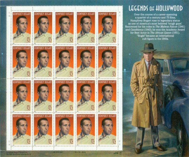 US: 1998 HUMPHREY BOGART - LEGENDS OF HOLLYWOOD; Sheet Sc 3152; 32 Cents Values