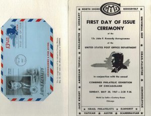 1967 JFK JOHN KENNEDY 13c AEROGRAMME CEREMONY PROGRAM FOLDER COMPEX UC39 Chicago 