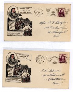 US 724 1932 3c William Penn on two addressed FDCs with matching Ioor cachets and different city cancels - New Castle, DE + Phila