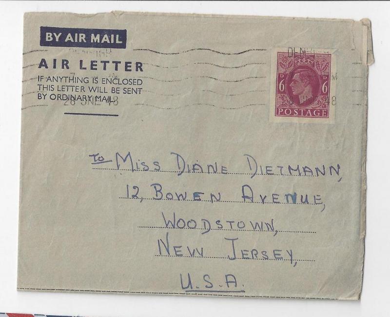 GB 1948 Air Letter to US GVI 6p Postal Stationery