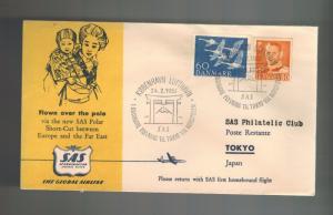 1957 Denmark to Tokyo Japan First Flight SAS Polar Short-Cut Illustrated Cover 