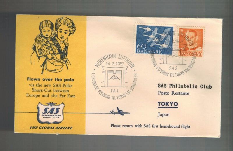 1957 Denmark to Tokyo Japan First Flight SAS Polar Short-Cut Illustrated Cover 