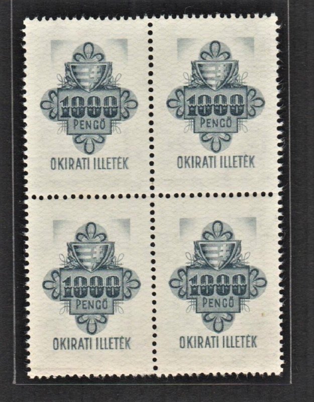 Hungary 1939 Old Revenue Arm & Flower (1000 Pengo, B/4) MNH