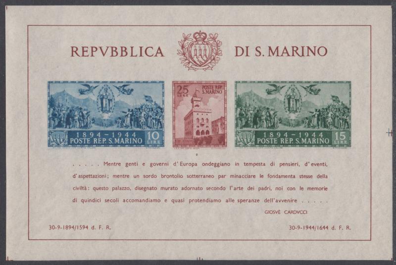 San Marino Sc 239 MNH. 1945 Government Palace Reconstruction imperf Souv Sheet