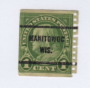 Franklin Precancel End of Roll Coil 1 cent Mantitowoc, Wis Stamp *520-5